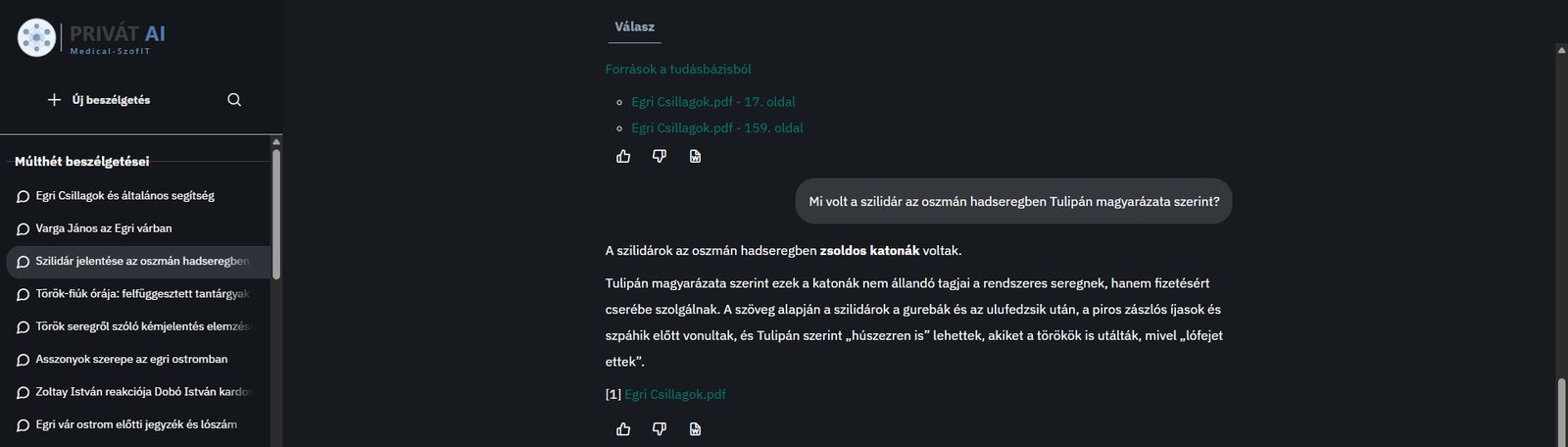 A Privát AI chat felülete: forrásjelöléssel ellátott válasz az Egri csillagok demó tudásbázisból
